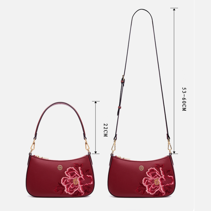 Embroidery Leather Red Shoulder Bag Peony Women's Hobo Handbag - 图片 15