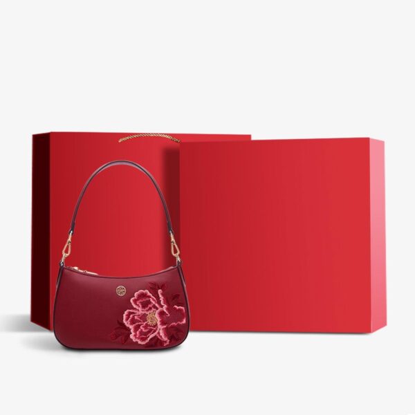 Embroidery Leather Red Shoulder Bag Peony Women's Hobo Handbag - 图片 21