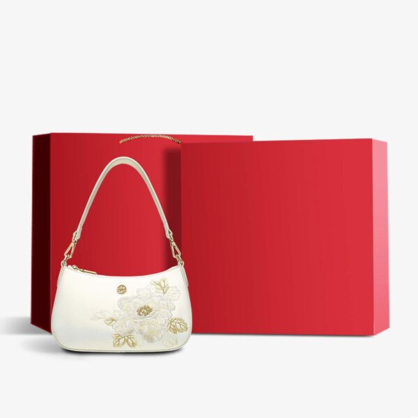 Embroidery Leather Red Shoulder Bag Peony Women's Hobo Handbag - 图片 23