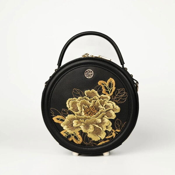 Embroidery Leather Round Handbag High Luxury Royal Gold Peony - 图片 9