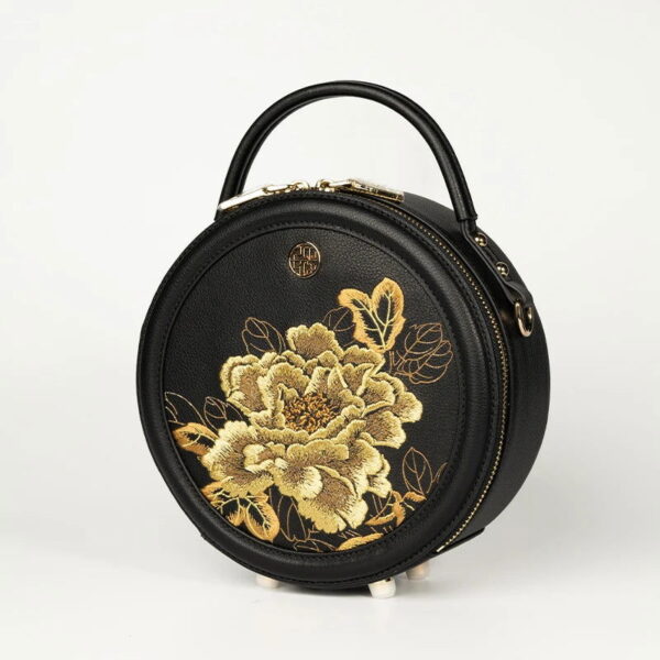 Embroidery Leather Round Handbag High Luxury Royal Gold Peony - 图片 10