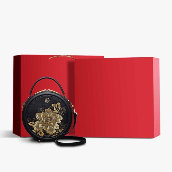 Embroidery Leather Round Handbag High Luxury Royal Gold Peony - 图片 19