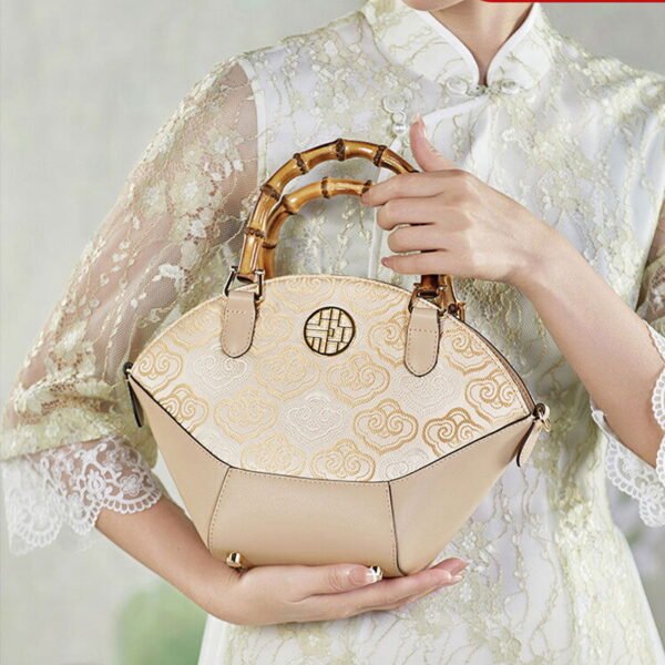 Embroidery Leather Tote Bag Bamboo Handle Auspicious Cloud - 图片 5