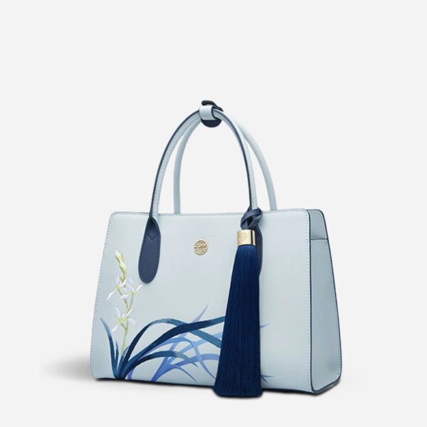 Embroidery Leather Tote Bag Blue Orchid with Pendant - 图片 8