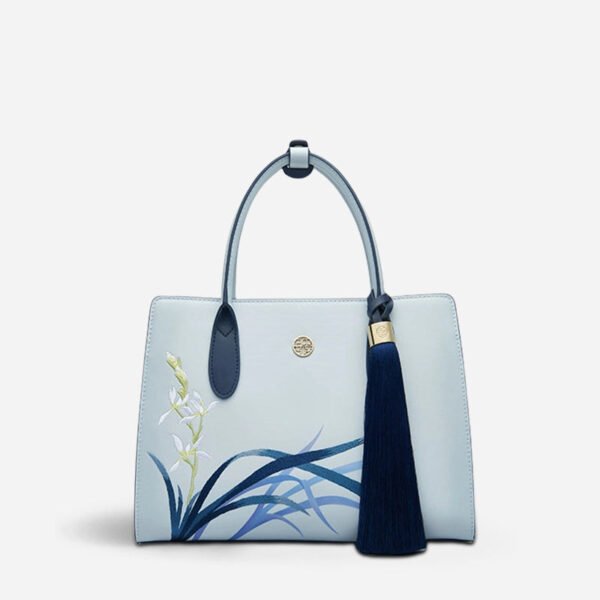 Embroidery Leather Tote Bag Blue Orchid with Pendant - 图片 7