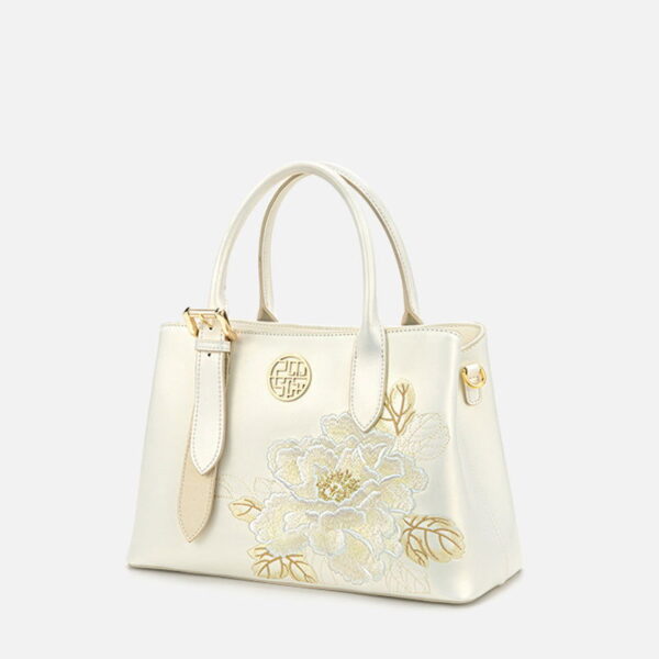 Embroidery Leather Tote Bag White Blooming Peony - 图片 8
