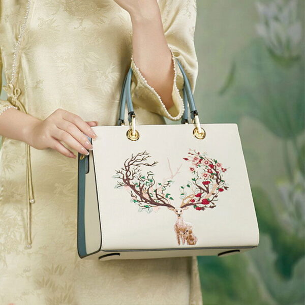 Embroidery Leather Tote Crossbody Bag Tricolor Deer - 图片 2