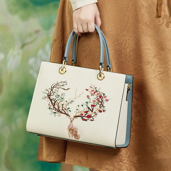 Embroidery Leather Tote Crossbody Bag Tricolor Deer - 图片 4