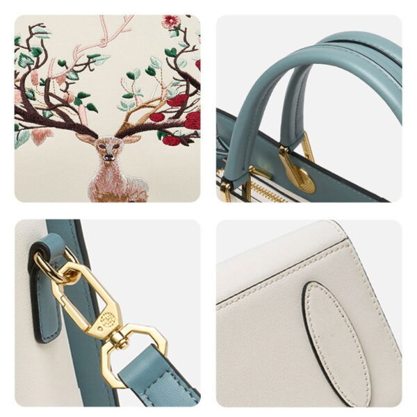 Embroidery Leather Tote Crossbody Bag Tricolor Deer - 图片 5