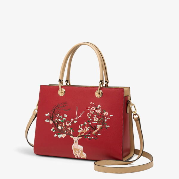 Embroidery Leather Tote Crossbody Bag Tricolor Deer - 图片 9