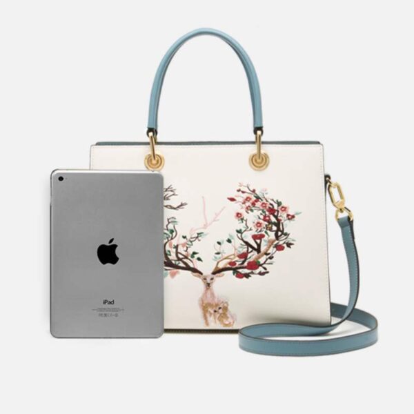 Embroidery Leather Tote Crossbody Bag Tricolor Deer - 图片 8
