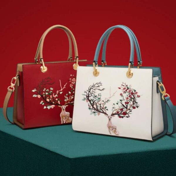 Embroidery Leather Tote Crossbody Bag Tricolor Deer - 图片 10