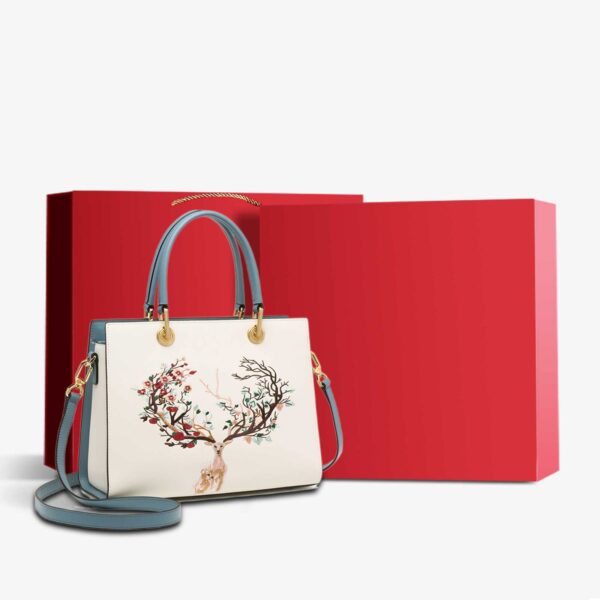 Embroidery Leather Tote Crossbody Bag Tricolor Deer - 图片 11