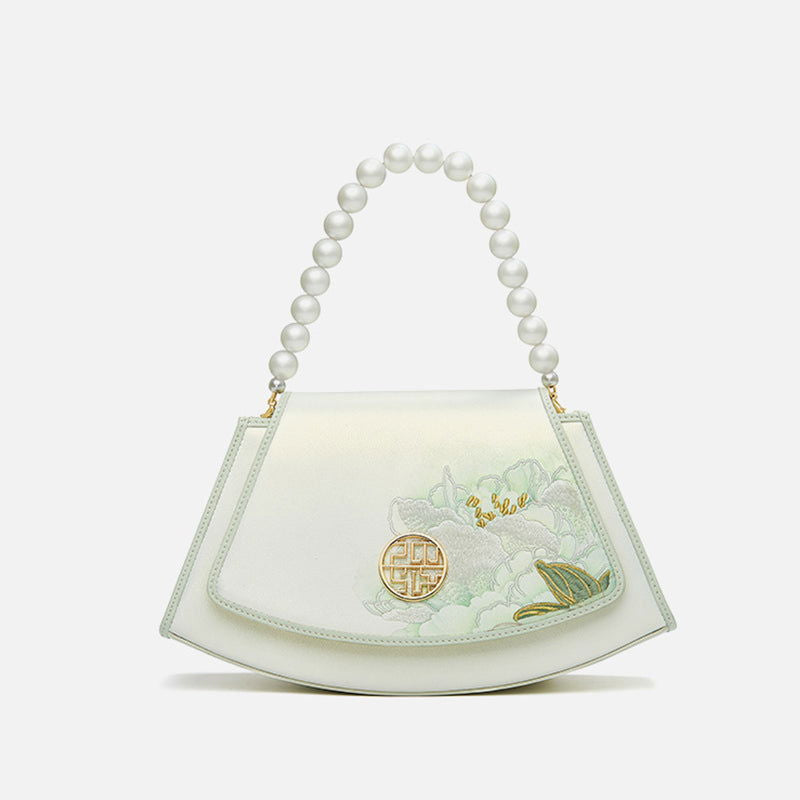 Embroidery Leather Retro White Lotus Handbag with Pendant - 图片 7