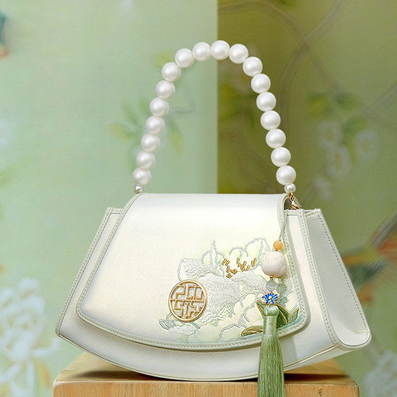 Embroidery Leather Retro White Lotus Handbag with Pendant - 图片 5