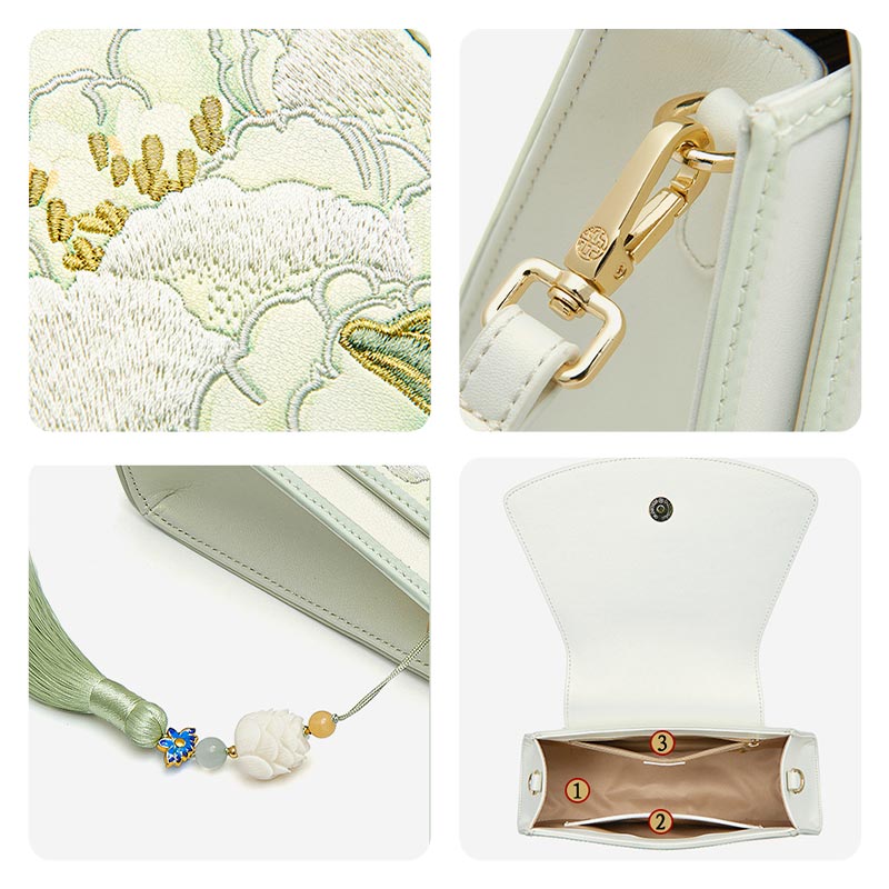 Embroidery Leather Retro White Lotus Handbag with Pendant - 图片 6