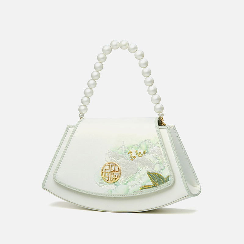 Embroidery Leather Retro White Lotus Handbag with Pendant - 图片 8
