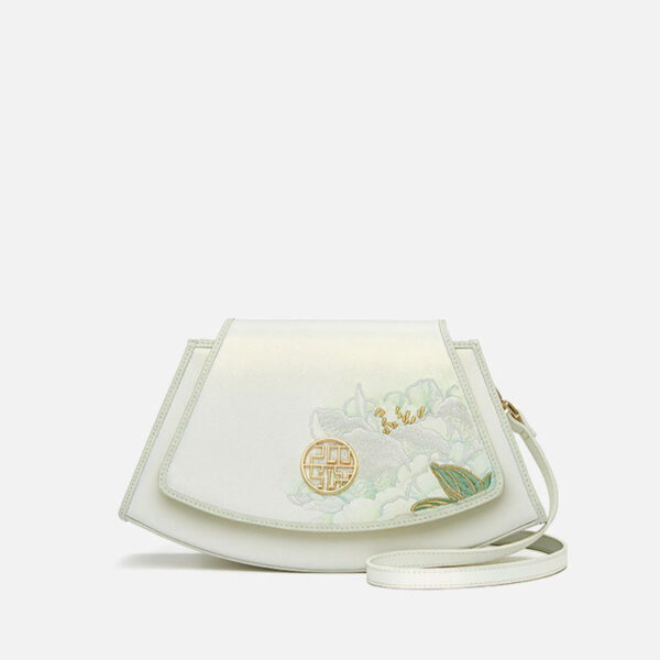 Embroidery Leather Retro White Lotus Handbag with Pendant - 图片 9