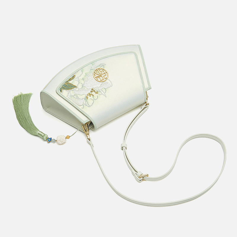 Embroidery Leather Retro White Lotus Handbag with Pendant - 图片 10