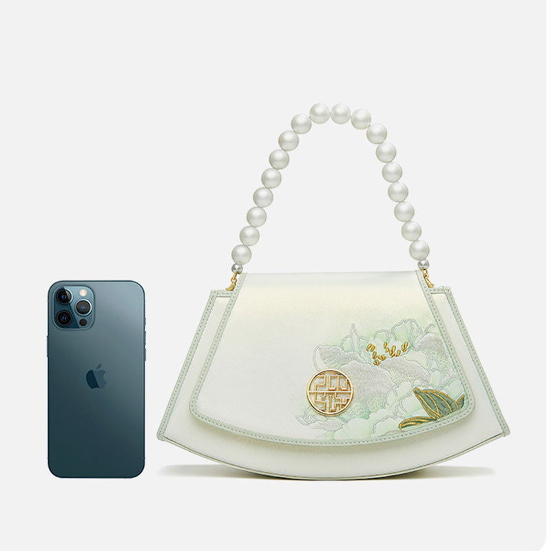 Embroidery Leather Retro White Lotus Handbag with Pendant - 图片 11