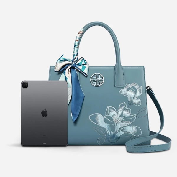 Embroidery Leather White Commuting Handbag Orchid with Scarf - 图片 15