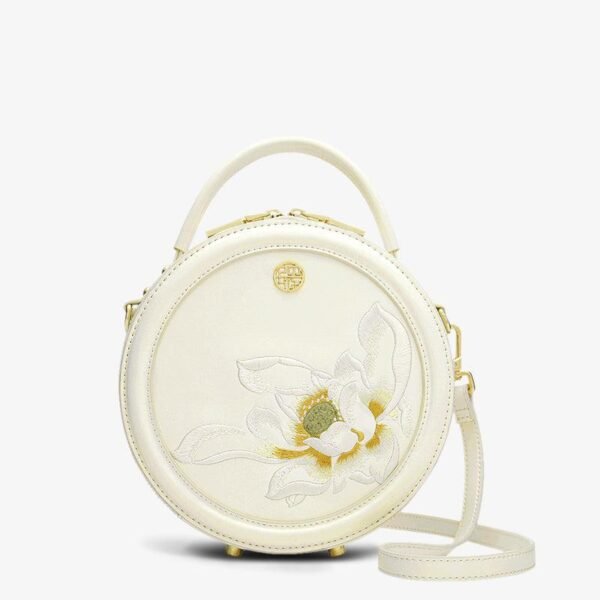 Embroidery Leather White Round Handbag Lotus - 图片 8