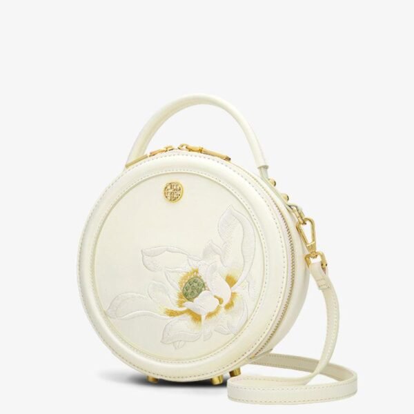 Embroidery Leather White Round Handbag Lotus - 图片 9