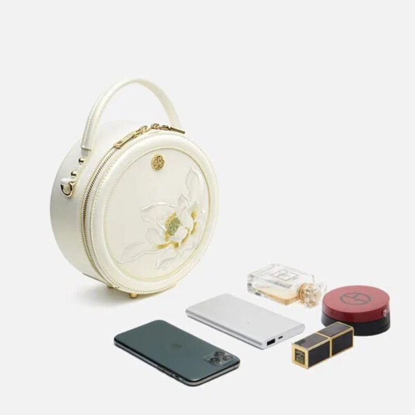 Embroidery Leather White Round Handbag Lotus - 图片 7