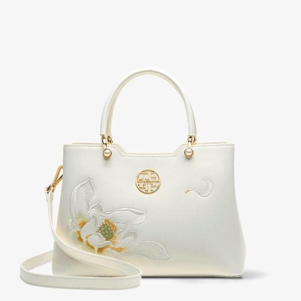 Embroidery Leather White Crossbody Tote Bag Lotus Luxury Gift - 图片 9