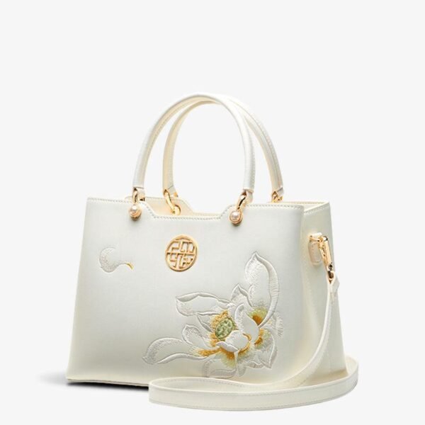 Embroidery Leather White Crossbody Tote Bag Lotus Luxury Gift - 图片 10