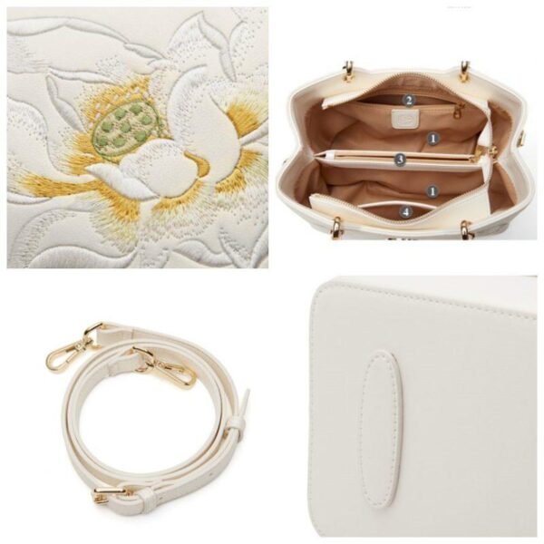 Embroidery Leather White Crossbody Tote Bag Lotus Luxury Gift - 图片 12