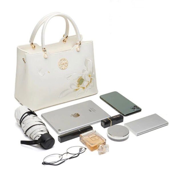 Embroidery Leather White Crossbody Tote Bag Lotus Luxury Gift - 图片 13