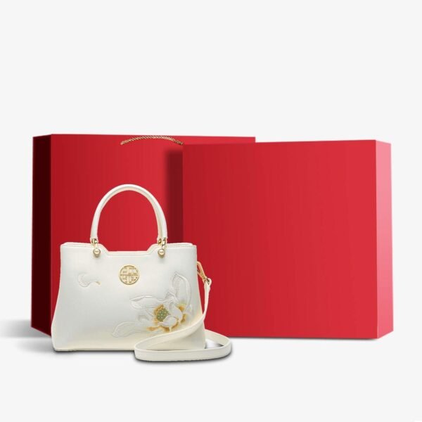 Embroidery Leather White Crossbody Tote Bag Lotus Luxury Gift - 图片 15