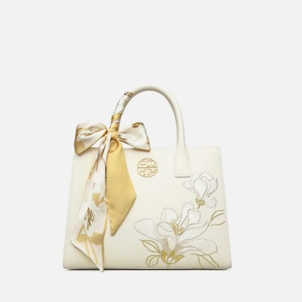 Embroidery Leather White Commuting Handbag Orchid with Scarf - 图片 11