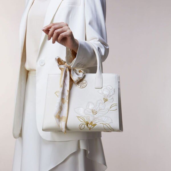 Embroidery Leather White Commuting Handbag Orchid with Scarf - 图片 3