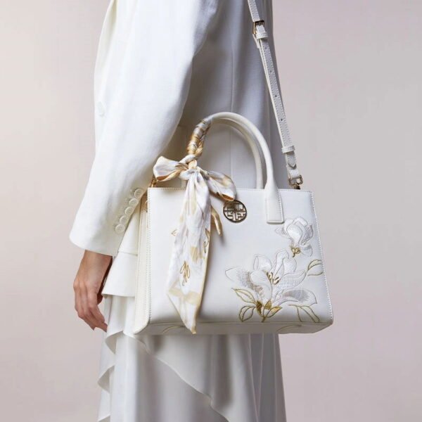 Embroidery Leather White Commuting Handbag Orchid with Scarf - 图片 4