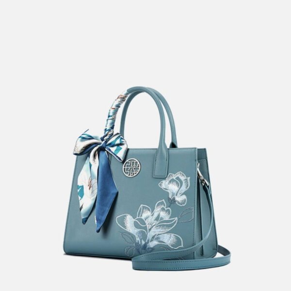 Embroidery Leather White Commuting Handbag Orchid with Scarf - 图片 16