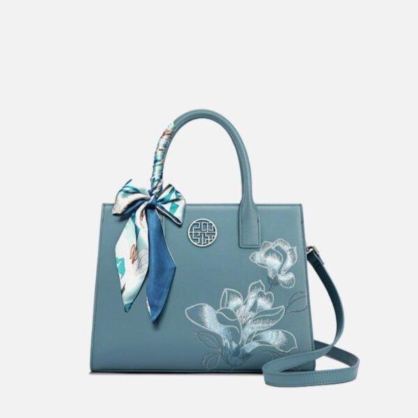 Embroidery Leather White Commuting Handbag Orchid with Scarf - 图片 17