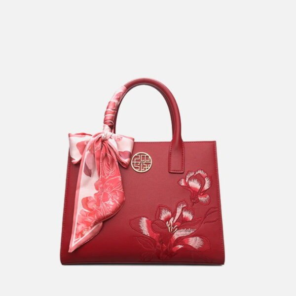 Embroidery Leather White Commuting Handbag Orchid with Scarf - 图片 18