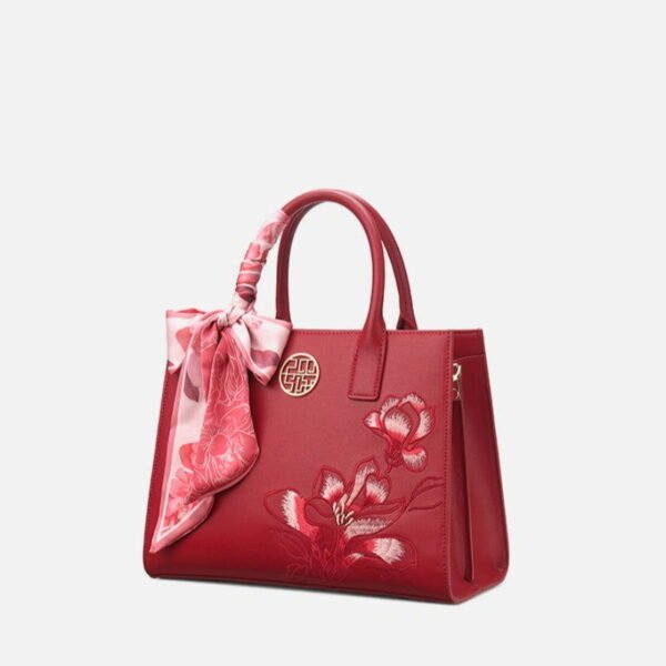 Embroidery Leather White Commuting Handbag Orchid with Scarf - 图片 19