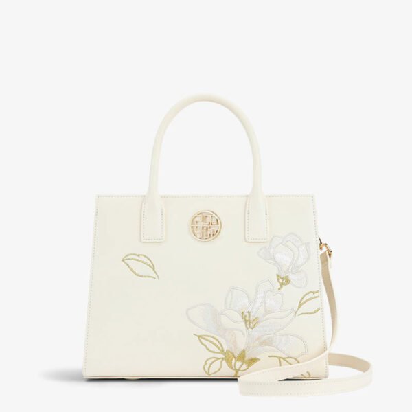 Embroidery Leather White Commuting Handbag Orchid with Scarf - 图片 13