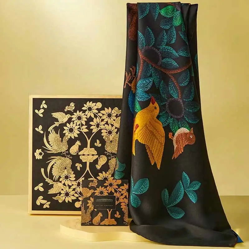 16 Momme Silk Luxury Square Silk Scarf Floral and Avian Design 87x87cm - 图片 2