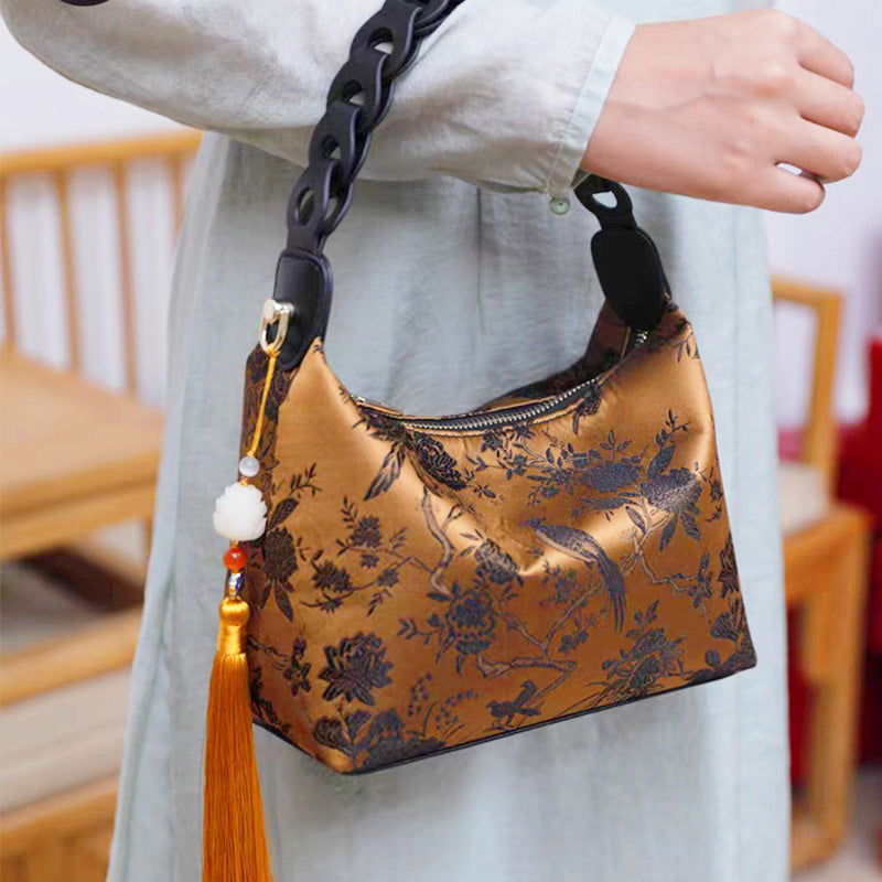 Sinocultural Xiangyunsha Silk Vintage Bird Flower Shoulder Bag - 图片 2