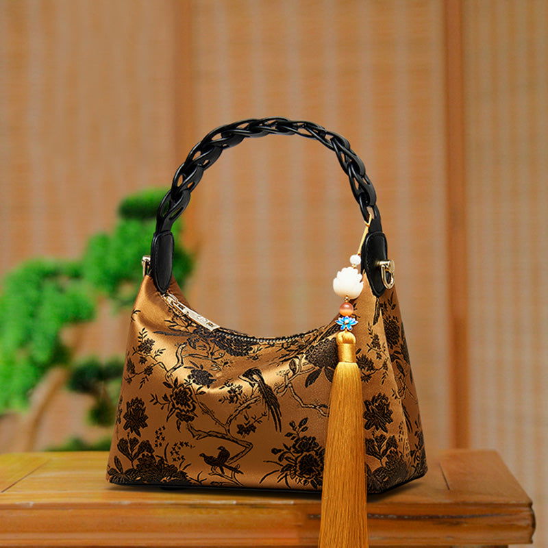 Sinocultural Xiangyunsha Silk Vintage Bird Flower Shoulder Bag - 图片 3