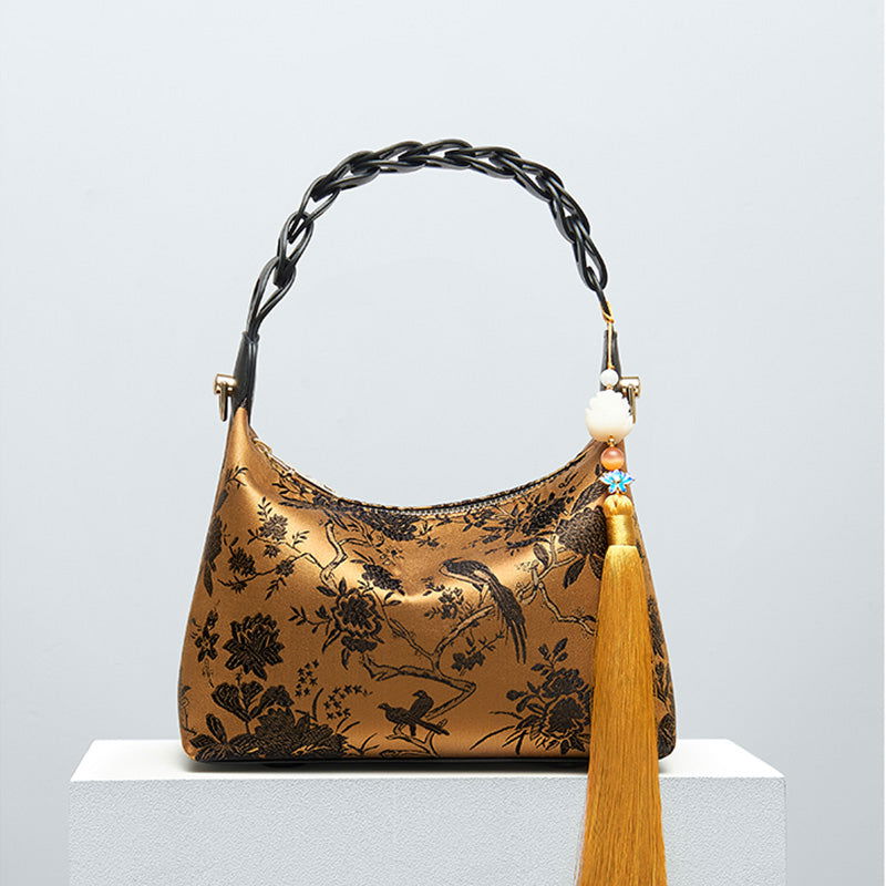 Sinocultural Xiangyunsha Silk Vintage Bird Flower Shoulder Bag - 图片 7