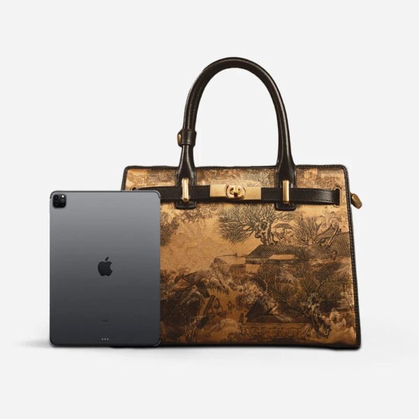 Handmade xiangyunsha Silk Black Leather Kelly Bag Chinese Painting - 图片 15