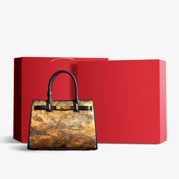 Handmade xiangyunsha Silk Black Leather Kelly Bag Chinese Painting - 图片 18