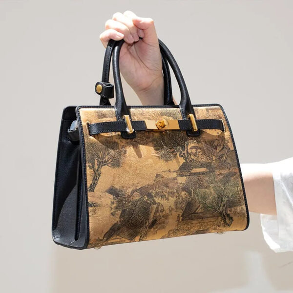 Handmade xiangyunsha Silk Black Leather Kelly Bag Chinese Painting - 图片 7