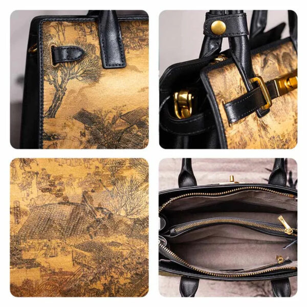 Handmade xiangyunsha Silk Black Leather Kelly Bag Chinese Painting - 图片 13