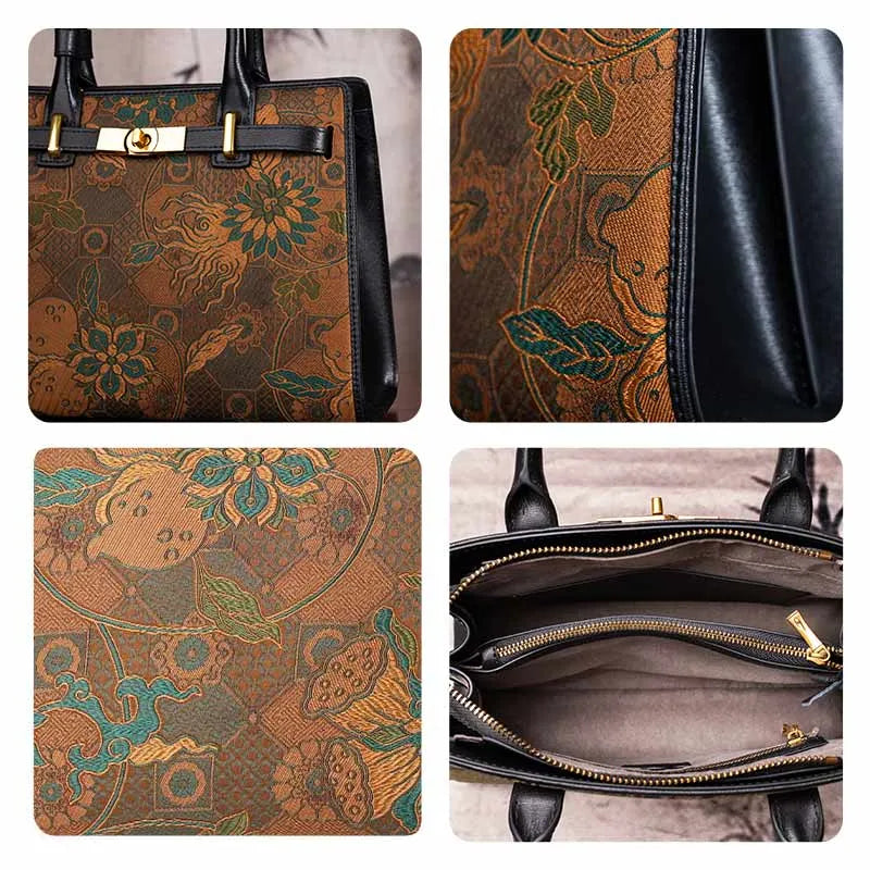 Handmade Song Brocade Chinoiserie Vintage Brown Kelly Bag - 图片 8